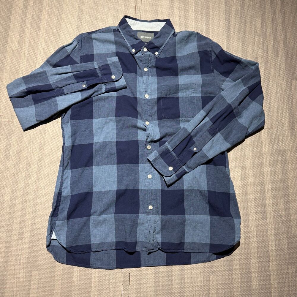 Bonobos Men’s Large Slim Fit Blue Plaid Long Sleeve Button Down Shirt